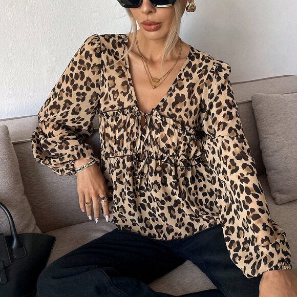 Multicolor Casual Women's Front Tie Long Sleeve Leopard Print Shirt - Picture 7 of 7